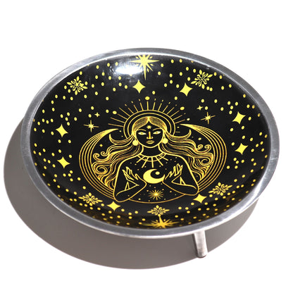 Three-legged enameled offering plate - Gold Goddess on black