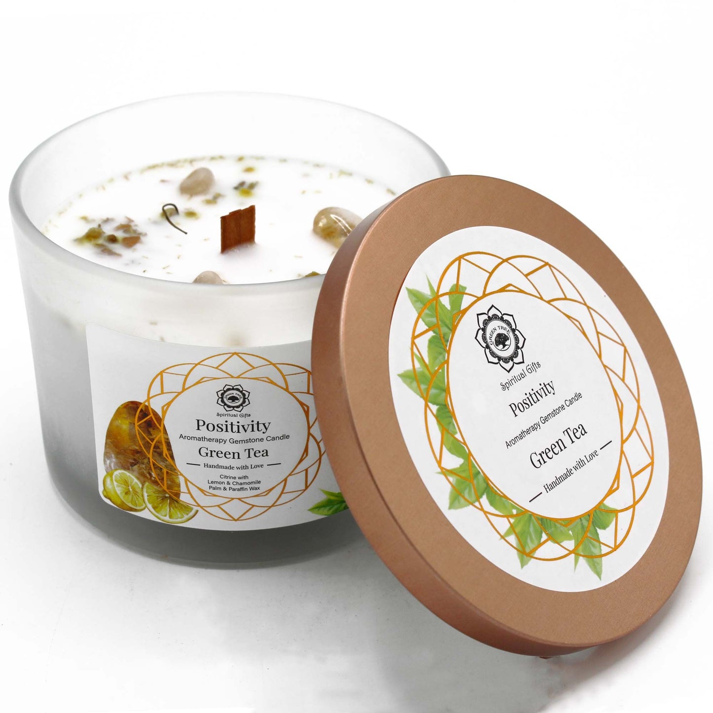 Green Tea Candle and Citrine Gemstone - Positivity