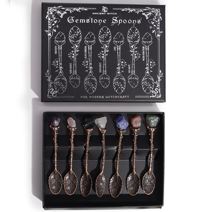 Set de 7 Cucharas de Bruja de Cristal con Piedra Preciosa de Bronce