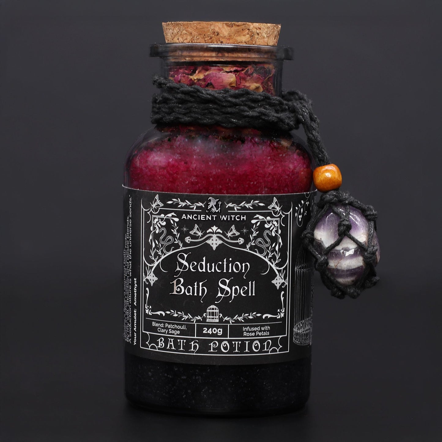 Ancient Witch Bath Spell Potion and Amethyst Crystal Amulet - Seduction