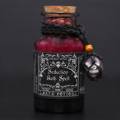 Ancient Witch Bath Spell Potion and Amethyst Crystal Amulet - Seduction