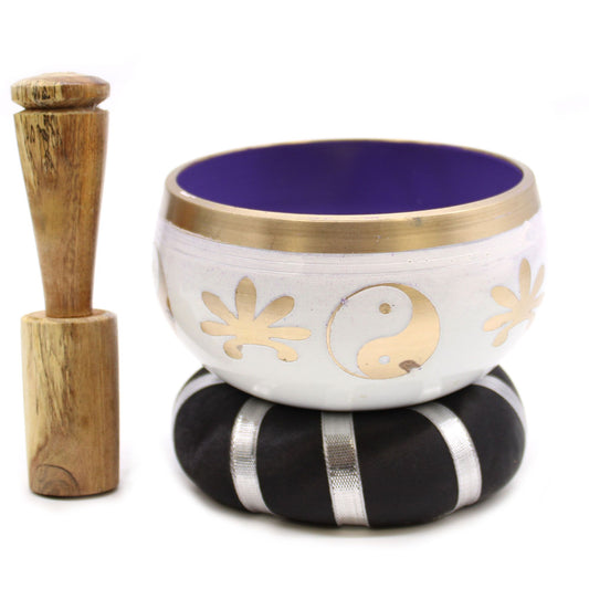 Tibetan Singing Bowl Set - Yin &amp; Yang - White/Purple 10.7 cm