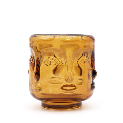 Candle Jar with Buddha Faces - Antique Amber