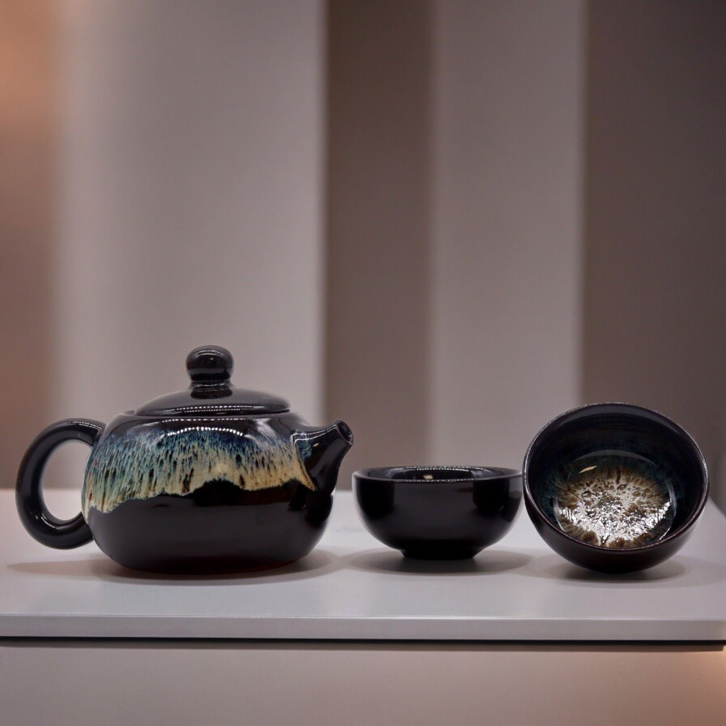 Tea Set - Black Enamel - Teapot &amp; Two Cups