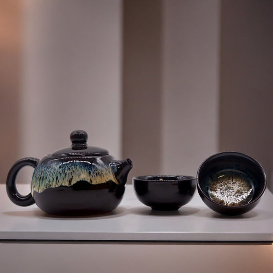 Tea Set - Black Enamel - Teapot &amp; Two Cups