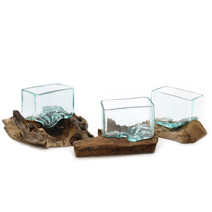 Tanque de vidrio fundido sobre madera con soporte - Cuenco pequeño