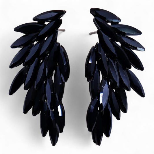 Vintage Crystal Earrings - Angel Wings - Jet Black