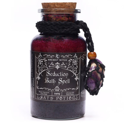 Ancient Witch Bath Spell Potion and Amethyst Crystal Amulet - Seduction