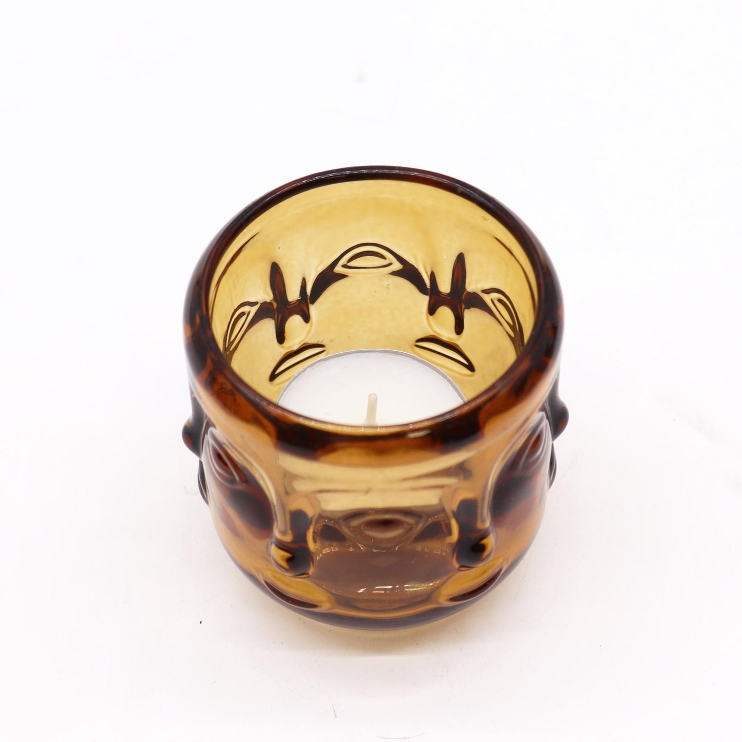 Candle Jar with Buddha Faces - Antique Amber