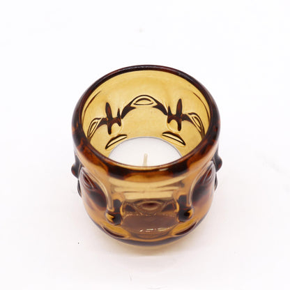 Candle Jar with Buddha Faces - Antique Amber