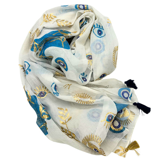 Colección Nómada Sari Mediterráneo - Pareo - Diseño del Ojo Maligno en Blanco, Azul y Oro