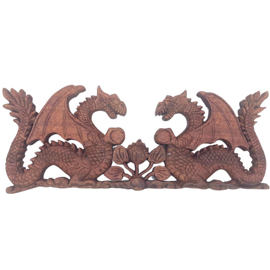 Carved Wood Panel - Two Dragons Facing Each Other - 40x15cm