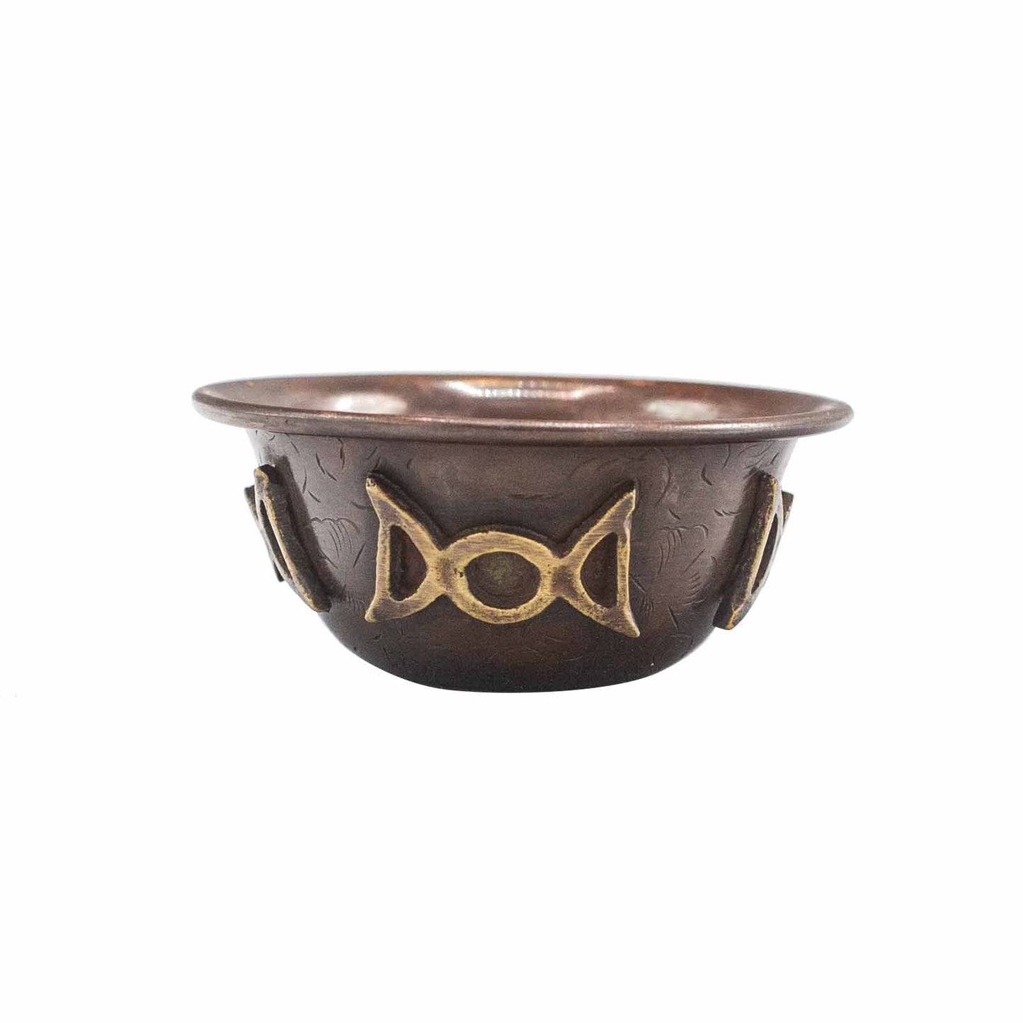 Antique copper ritual bowl with triple moon 8x4 cm