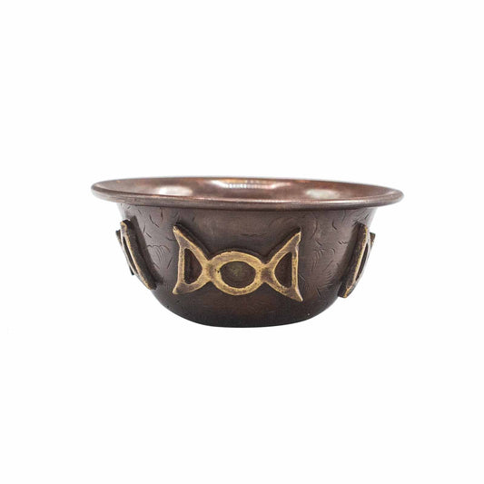 Antique copper ritual bowl with triple moon 8x4 cm