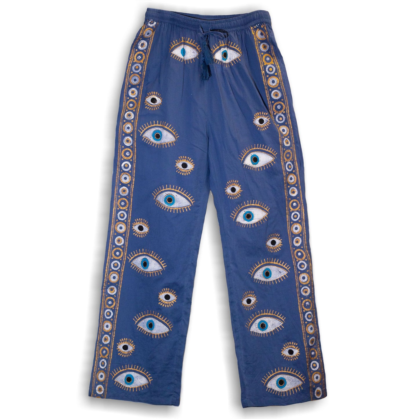 (ML) Colección Nómada Sari Mediterráneo - Pantalones - Diseño del Ojo Maligno en Azul Rico y Oro