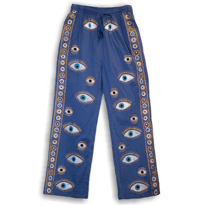 (ML) Colección Nómada Sari Mediterráneo - Pantalones - Diseño del Ojo Maligno en Azul Rico y Oro