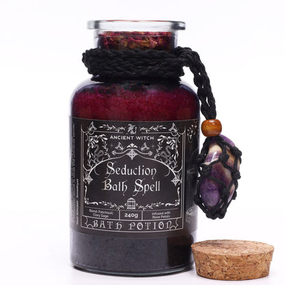 Ancient Witch Bath Spell Potion and Amethyst Crystal Amulet - Seduction