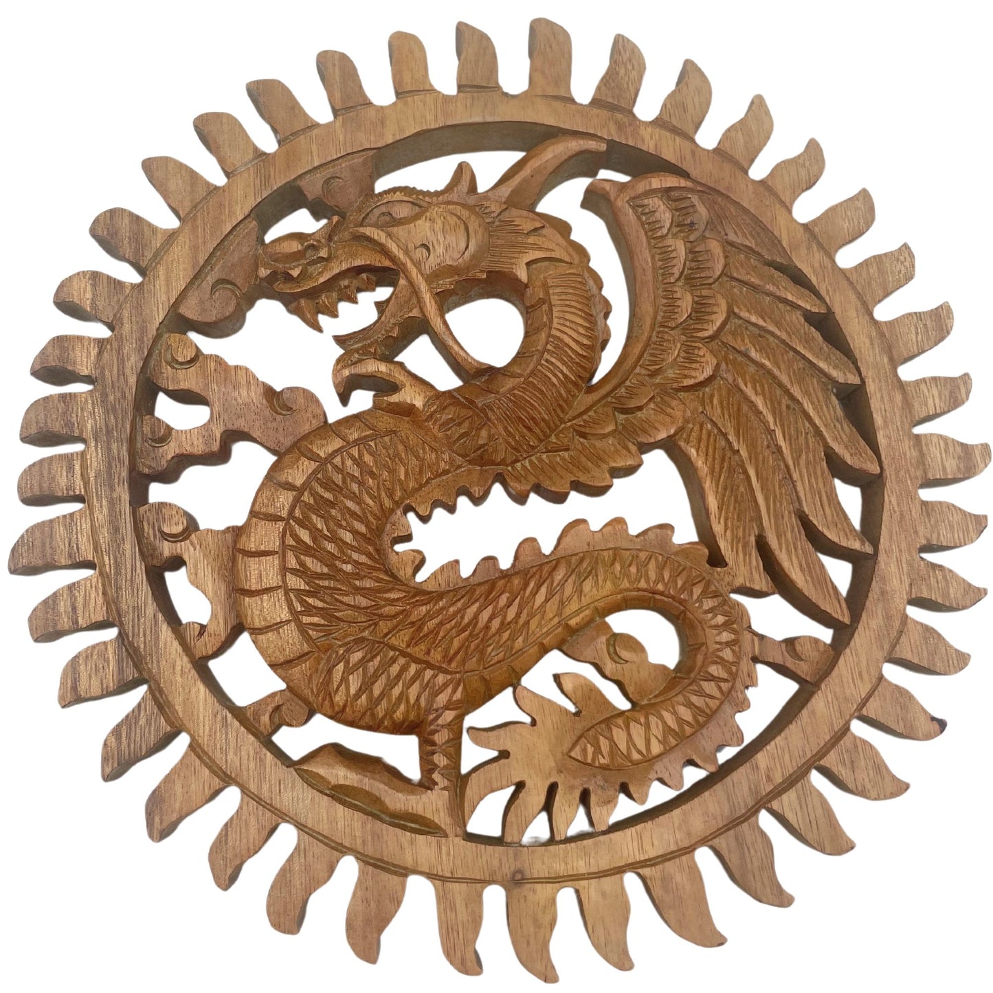 Carved Wood Panel - Winged Solar Dragon - 30cm