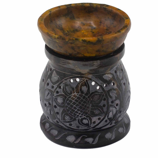 Soapstone Oil Burner 10 cm - Mandala Flower - Black and Yellow