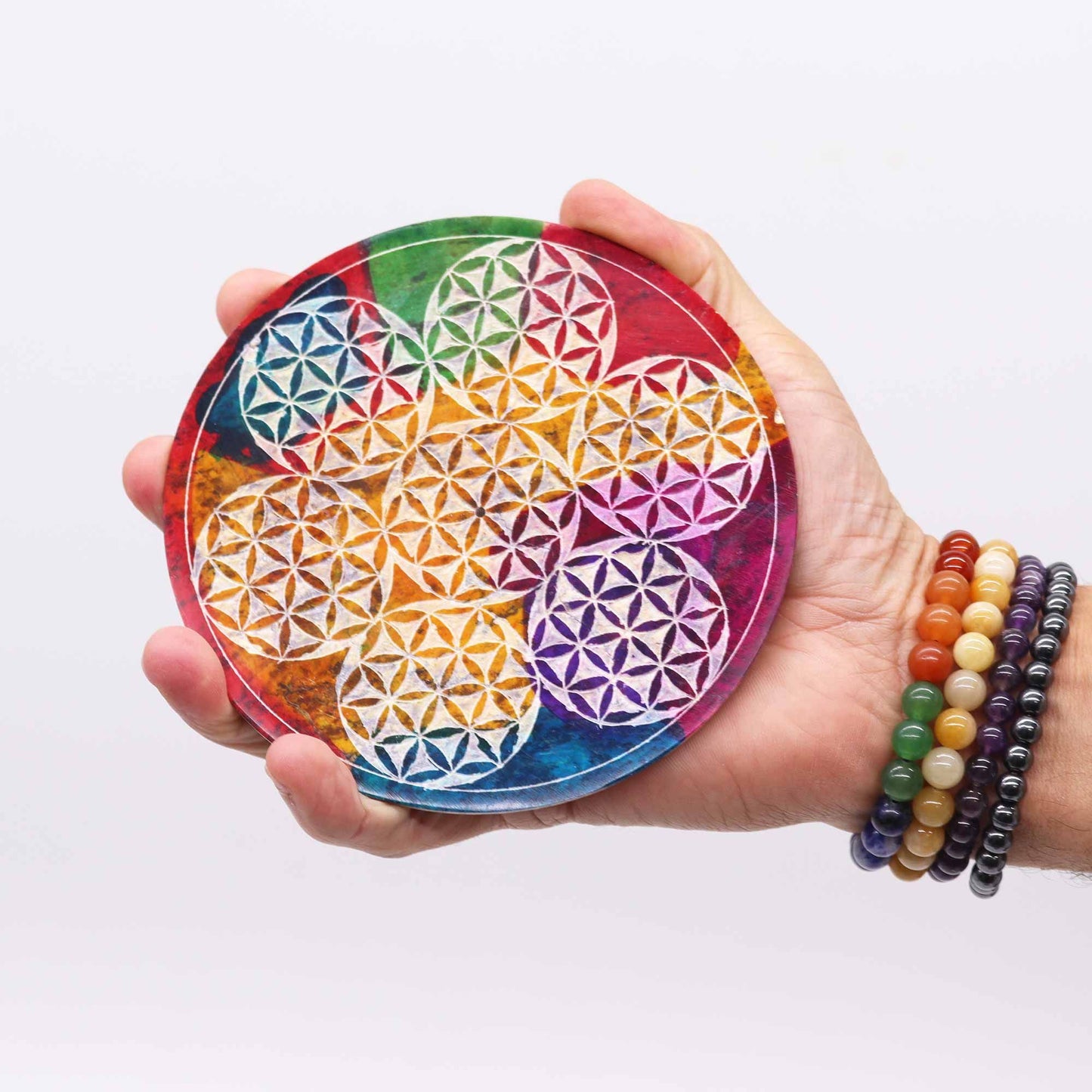 Soapstone Disc Incense Holder 12cm - 7 Flower of Life