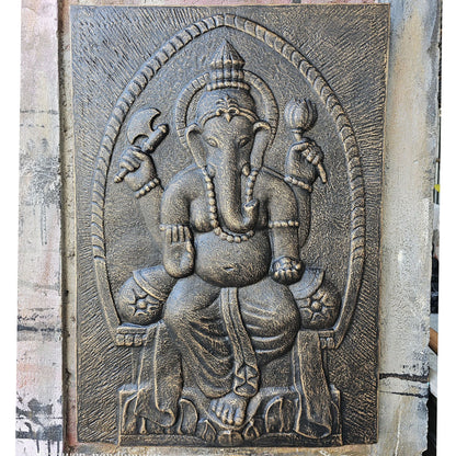 Large Ganpati Fibrotic Cement Frame Antique Gold Relief- 0.7x1m