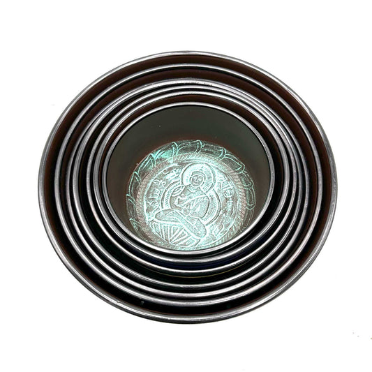 Set of seven small chakra Tibetan singing bowls (14-22 cm)