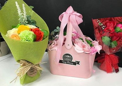 Basket bouquet of soap flowers - pink