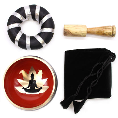 Tibetan Singing Bowl Set - Buddha - Black/Orange 10.7 cm