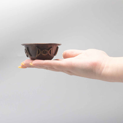 Antique copper ritual bowl with triple moon 8x4 cm