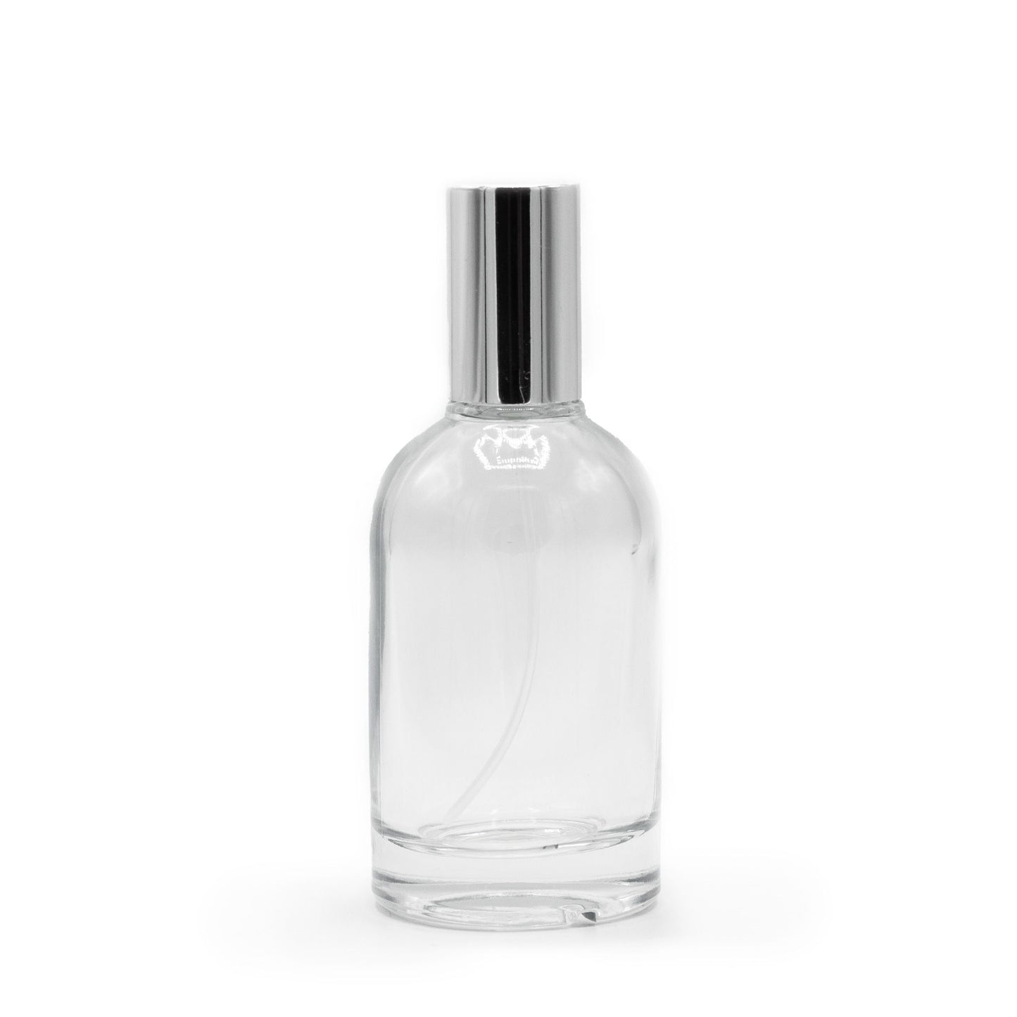 50ml thick round bottle, silver spray and cap