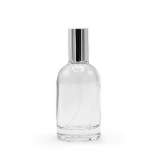 50ml thick round bottle, silver spray and cap