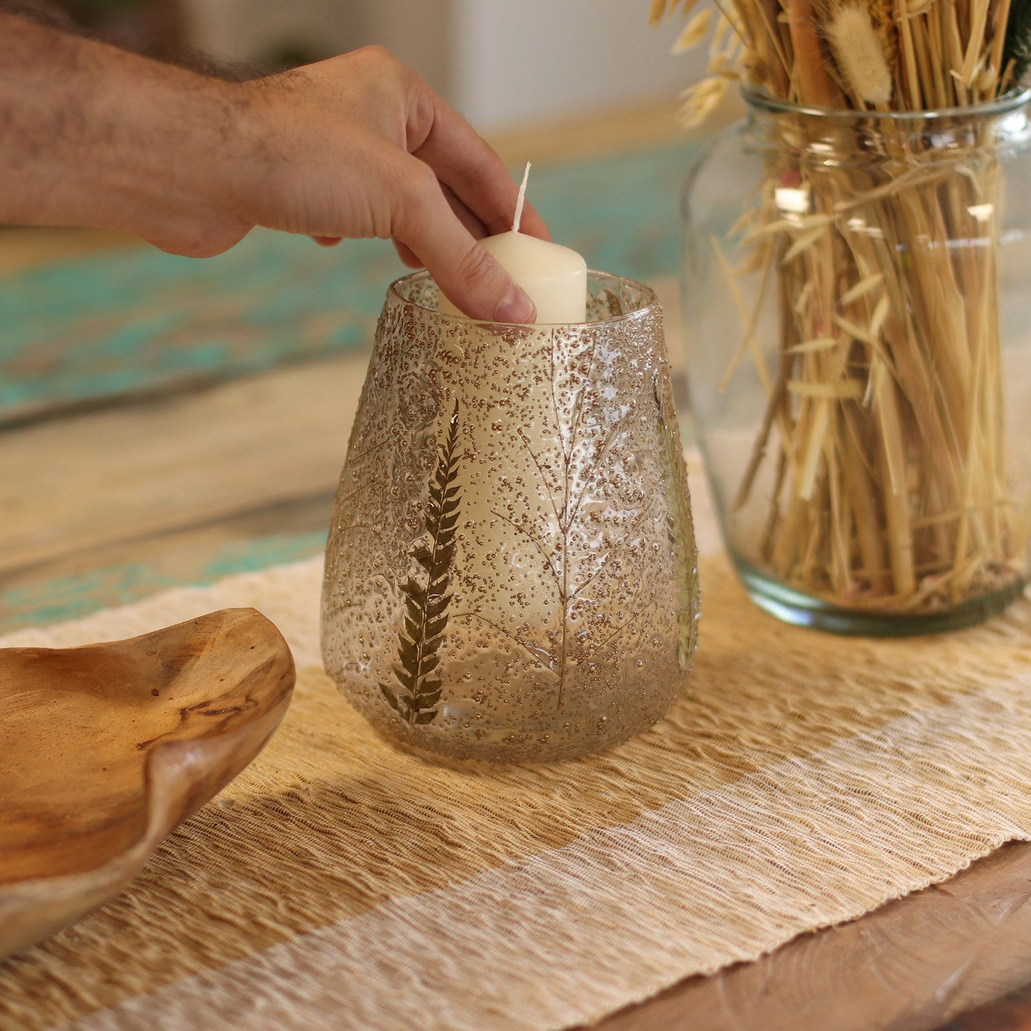 Portavelas de Vidrio floral natural -  Cuenco grande - Pino (15x12cm)