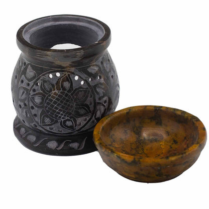 Soapstone Oil Burner 10 cm - Mandala Flower - Black and Yellow