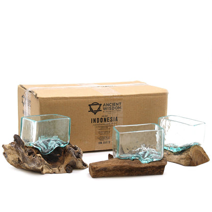 Tanque de vidrio fundido sobre madera con soporte - Cuenco pequeño