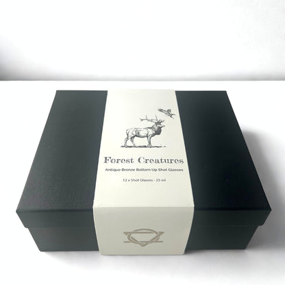 Gift Set of 12 Bottom Up Shot Glasses (25ml) - Forest and Mystical Creatures - Antique Bronze