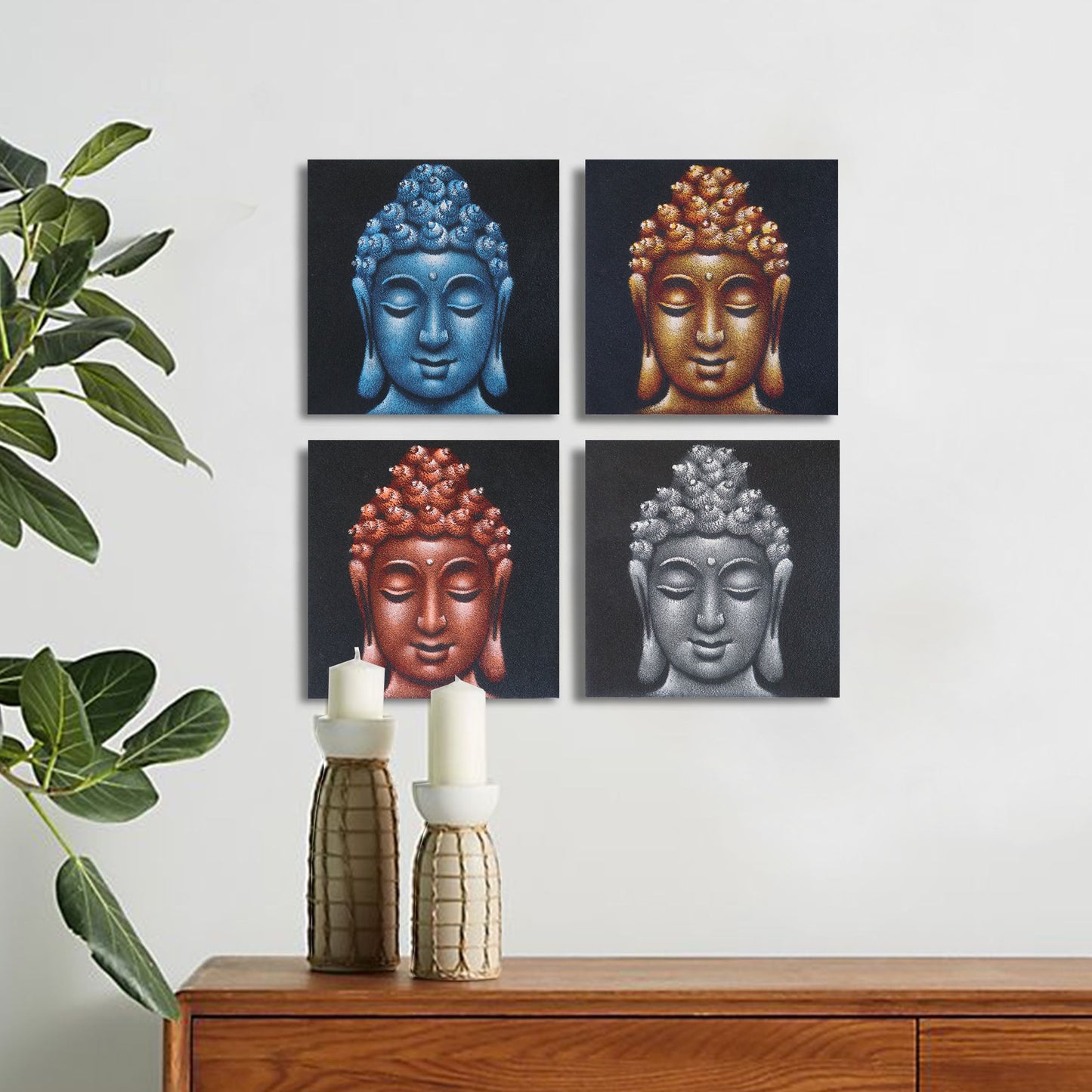 Set of 4 Buddha Head Details in Sand 30x30cm