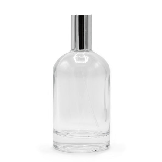 100ml thick round bottle, silver spray and cap