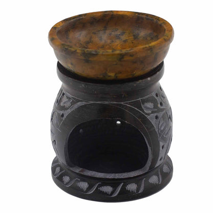 Soapstone Oil Burner 10 cm - Mandala Flower - Black and Yellow