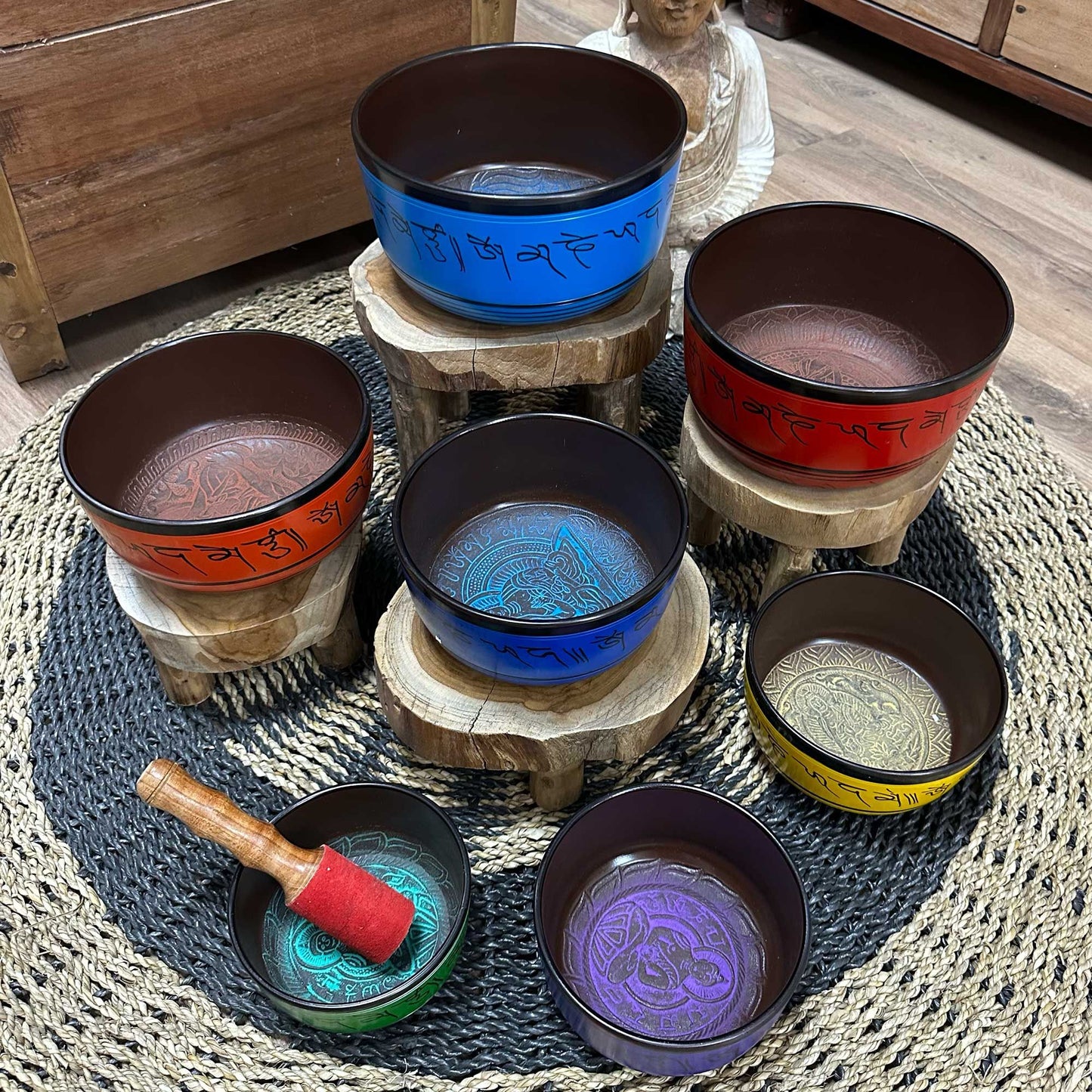 Set of seven small chakra Tibetan singing bowls (14-22 cm)