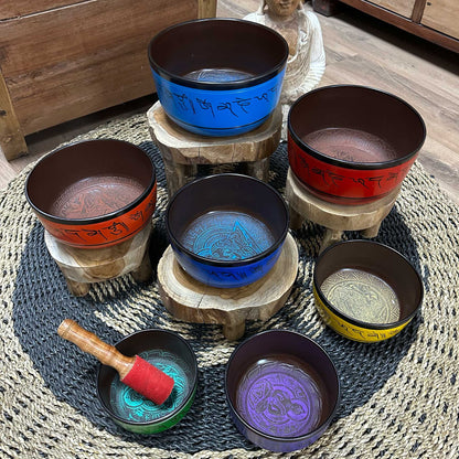 Set of seven small chakra Tibetan singing bowls (14-22 cm)