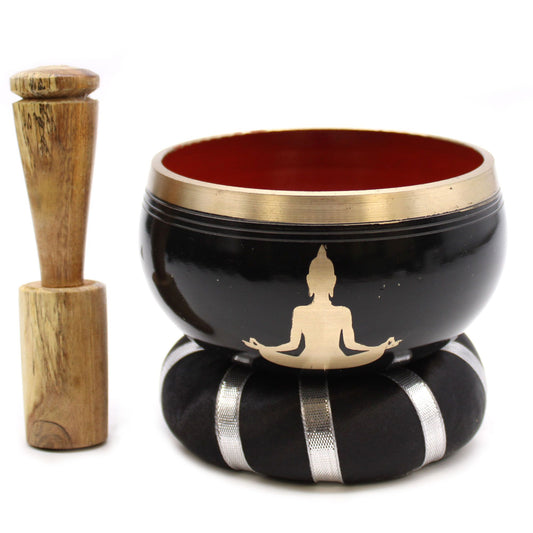 Tibetan Singing Bowl Set - Buddha - Black/Orange 10.7 cm
