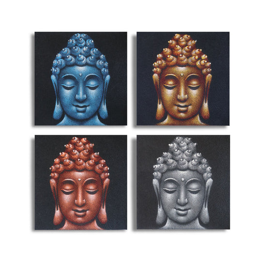 Set of 4 Buddha Head Details in Sand 40x40cm
