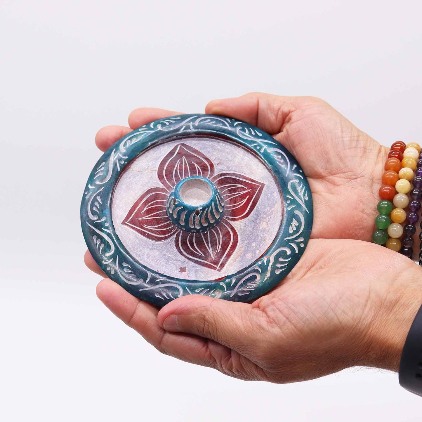 Soapstone Disc Incense Holder 12cm - Four Petals (cone and incense holder)