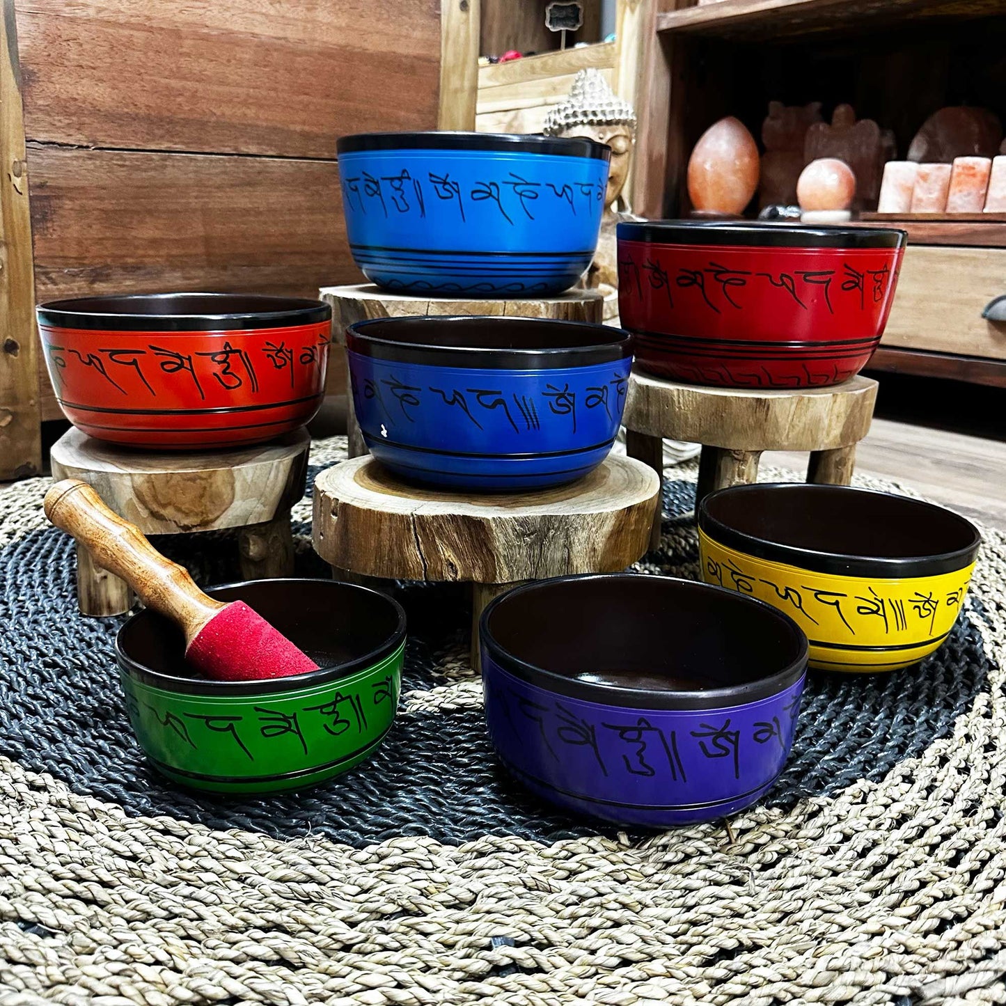 Set of seven small chakra Tibetan singing bowls (14-22 cm)