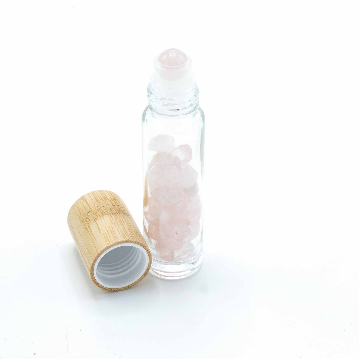 Botella de rodillo de aceite esencial de piedras preciosas - Cuarzo rosa - Tapa de madera