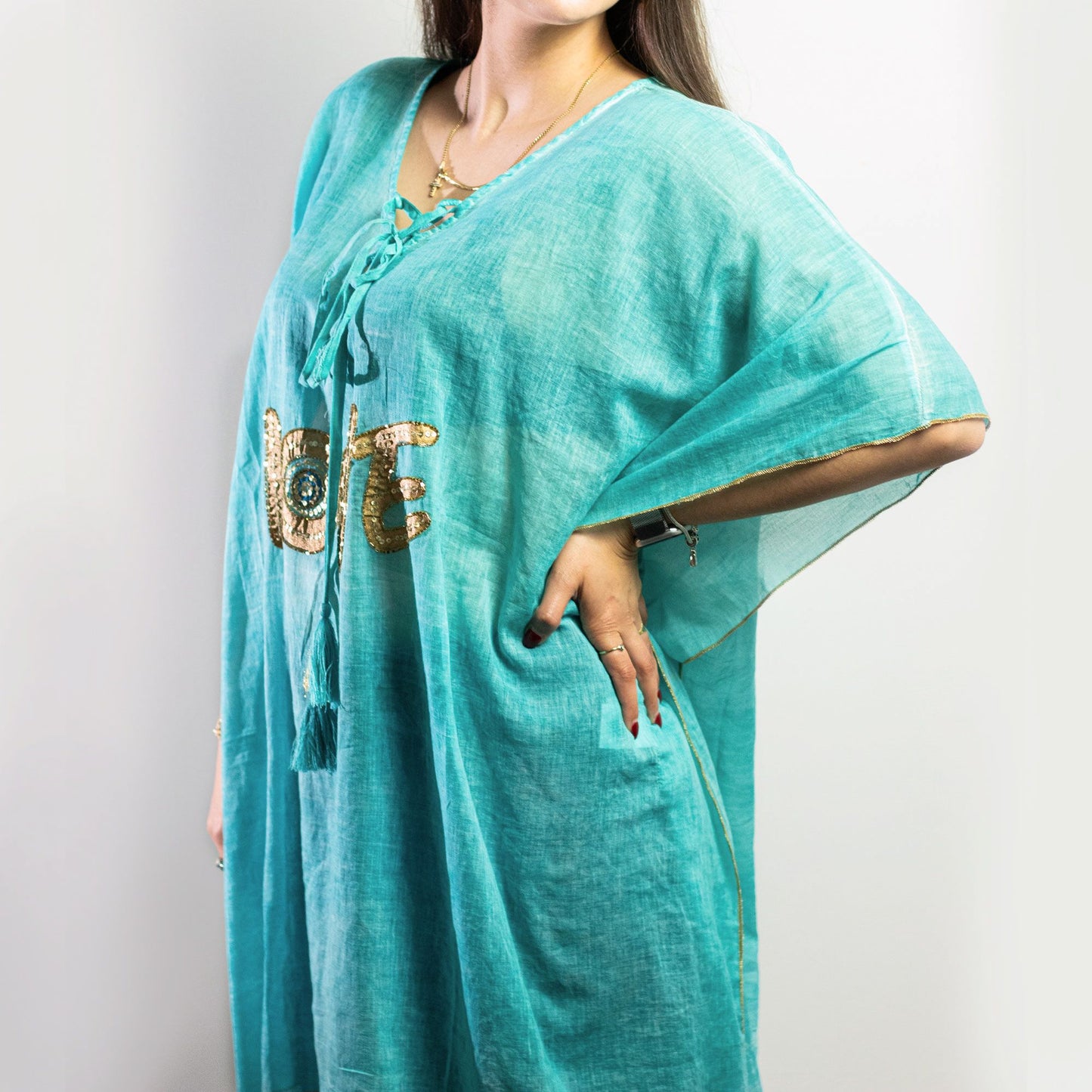 Colección Nómada Sari Mediterráneo - Kaftan - Diseño de Corazón en Turquesa y Oro