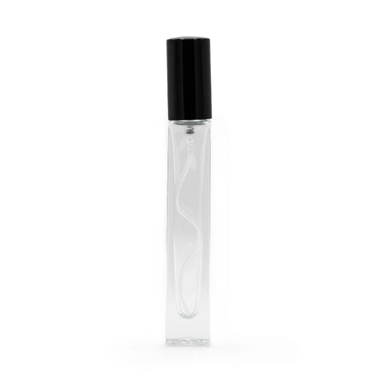 10ml tall, slim square bottle, black spray and cap