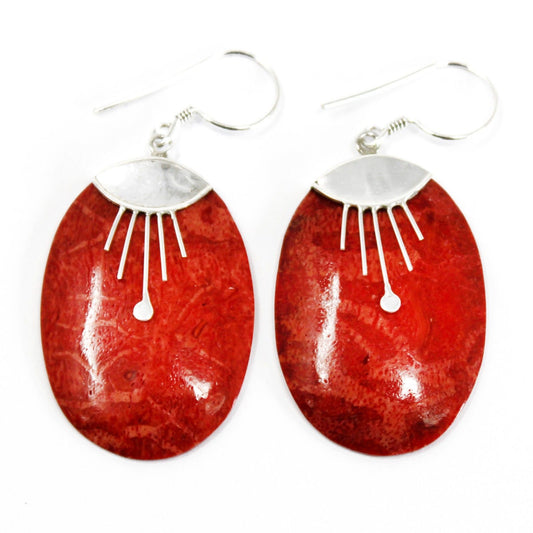 Silver and coral earrings - Oval