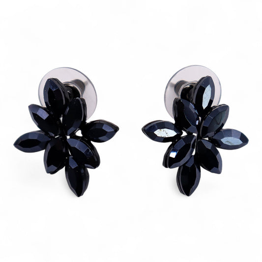 Vintage Crystal Earrings - Flowers - Jet Black