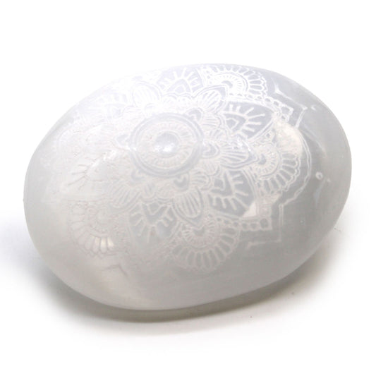 Selenite Palm Stone - Engraved Mandala